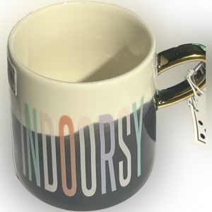 Slant tapered ceramic coffee mug “INDOORSY”-11oz/gold handle-NWT